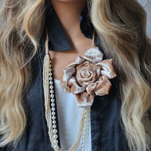 Designer Accessories Upcycled Velvet Magnolia Rose Pin Pearl Long Necklace